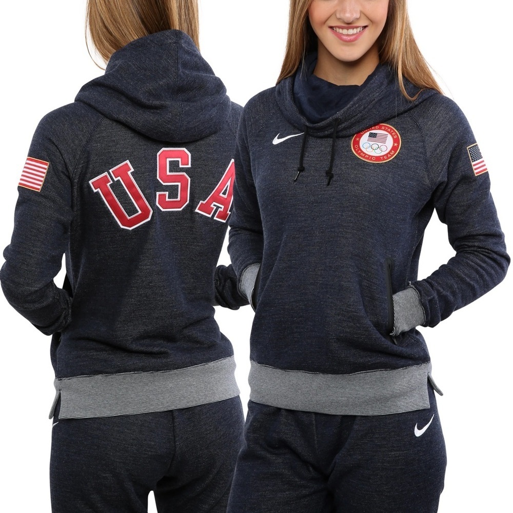 Nike Team USA Winter Olympics Wool Fleece Pullover Funnel Hoodie Navy Large